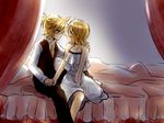  1girl adolescence_(vocaloid) bad_id bad_pixiv_id bed between_thighs blonde_hair blush brother_and_sister canopy_bed cendrillon_(vocaloid) eye_contact hand_on_shoulder holding_hands imminent_kiss incest kagamine_len kagamine_rin looking_at_another ryou_(fallxalice) short_hair siblings sitting twincest twins vocaloid 