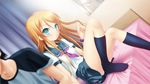  1girl aqua_eyes bed black_hair blonde_hair blush brother_and_sister dutch_angle hair_ornament hair_twirling hairclip kneehighs kousaka_kirino kousaka_kyousuke long_hair na-ga orange_hair ore_no_imouto_ga_konna_ni_kawaii_wake_ga_nai school_uniform serafuku siblings sitting skirt socks 