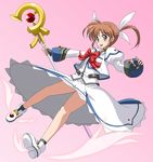  blue_eyes brown_hair highres image_sample lyrical_nanoha magical_girl mahou_shoujo_lyrical_nanoha pixiv_sample raising_heart shoes solo takamachi_nanoha tonbo twintails winged_shoes wings 