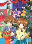  3girls 90s akizuki_nakuru artist_request brown_eyes brown_hair cake cardcaptor_sakura christmas christmas_tree daidouji_tomoyo food fruit gift green_eyes hiiragizawa_eriol holding holding_gift kero kinomoto_sakura li_xiaolang multiple_boys multiple_girls official_art snow star strawberry suppi 