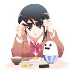  black_eyes black_hair bow bowl breakfast egg food idolmaster idolmaster_dearly_stars mizutani_eri rice rice_bowl riyo_(riyontoko) school_uniform short_hair solo 