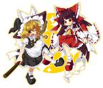  ascot blonde_hair bow braid broom broom_riding brown_hair detached_sleeves fang gohei hair_bow hakurei_reimu hat kiri_futoshi kirisame_marisa mary_janes multiple_girls one_eye_closed red_eyes sarashi shoes touhou witch_hat yellow_eyes 