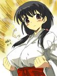 black_hair blush breasts brown_eyes clenched_hands japanese_clothes jindai_komaki large_breasts michael miko saki sketch translation_request twintails 