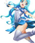  blue blue_eyes blue_hair blue_skirt breasts covered_nipples cure_marine heartcatch_precure! kurumi_erika leg_up long_hair magical_girl makacoon open_mouth outstretched_arms precure simple_background skirt small_breasts solo thighhighs white_legwear wrist_cuffs 