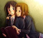  akiyama_mio black_eyes black_hair book brown_eyes brown_hair k-on! long_hair multiple_girls school_uniform shakeda_mamoshirou short_hair tainaka_ritsu 