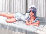  alternate_costume bad_id bad_pixiv_id bare_legs blue_hair breasts cleavage collarbone curtains downblouse hair_between_eyes hat hips indoors inuzuka_bouru kamishirasawa_keine large_breasts long_hair looking_at_viewer lying no_bra nurse nurse_cap off_shoulder on_bed on_stomach red_eyes silver_hair solo touhou 