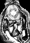  bad_id bad_pixiv_id bow front_ponytail greyscale hair_ribbon highres kagiyama_hina long_hair monochrome namonaiteidono one_eye_closed ribbon smile solo touhou 