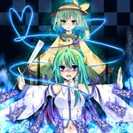  blouse blue_eyes blue_flower blue_rose bow checkered checkered_background danmaku detached_sleeves empty_eyes flower frog glowing green_eyes green_hair hair_ornament hat hat_ribbon heart heart_of_string highres kochiya_sanae komeiji_koishi lace long_hair midriff mind_control multiple_girls navel no_nose ofuda open_mouth outstretched_arms ribbon rose siva2justice smile snake spread_arms third_eye touhou 