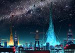  bag black_legwear brown_hair city cityscape highres izumi_sai landscape megastructure night open_mouth original outstretched_arms pleated_skirt scarf scenery school_uniform short_hair skirt sky solo spread_arms star_(sky) starry_sky thighhighs zettai_ryouiki 
