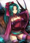  aqua_eyes bow breasts cleavage elbow_gloves final_fantasy final_fantasy_vi gloves green_hair hair_bow kara_(color) large_breasts long_hair panties pantyshot ponytail solo thighhighs tina_branford underwear 