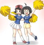  ahoge bad_id bad_pixiv_id baseball_cap blush cheerleader cheren_(pokemon) closed_eyes genderswap genderswap_(mtf) glasses hat multiple_girls open_mouth pokemon pokemon_(game) pokemon_bw pom_poms short_hair shorts skirt smile socks tears totokichi touya_(pokemon) 