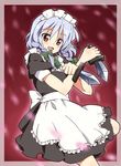  apron artist_request braid hair_ribbon izayoi_sakuya knife lavender_hair maid maid_headdress open_mouth red_eyes ribbon silver_hair smile solo touhou twin_braids waist_apron x_arms 