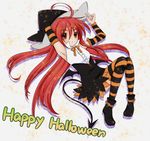  detached_sleeves halloween happy_halloween hat lmo long_hair red_eyes red_hair shakugan_no_shana shana solo tail thighhighs witch_hat 