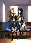  akiyama_mio bad_id bad_pixiv_id bench black_hair blonde_hair brown_eyes brown_hair closed_eyes food hirasawa_yui hug k-on! kotobuki_tsumugi long_hair manji_(nanakirio) multiple_girls nakano_azusa pantyhose pocky school_uniform short_hair tainaka_ritsu twintails 