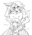  blush_stickers bouncing_breasts breast_rest breasts breasts_on_head chain cuffs cup gameplay_mechanics greyscale hand_on_hip height_difference horn hoshiguma_yuugi infinite_1up large_breasts mizuhashi_parsee monochrome multiple_girls no_nose sakazuki scarf shackles sotto touhou translated wavy_mouth 