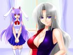  animal_ears bare_shoulders blue_eyes breasts bunny_ears cleavage engo_(aquawatery) large_breasts long_hair multiple_girls pleated_skirt purple_hair red_eyes reisen_udongein_inaba silver_hair skirt thighhighs touhou yagokoro_eirin zettai_ryouiki 