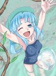  armpits blue_eyes blue_hair covered_nipples flat_chest from_above hat kawashiro_nitori muck_(artist) one-piece_swimsuit one_eye_closed solo swimsuit touhou two_side_up water 