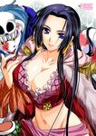  amazon black_hair blue_eyes boa_hancock breasts cleavage earrings frills groin jewelry kanna_(plum) large_breasts midriff navel one_piece salome_(one_piece) skull snake solo 