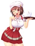  anna_miller breasts brown_eyes brown_hair copyright_request glasses hat large_breasts one_eye_closed open_mouth short_hair skirt smile solo toki_(tokinokogiri) tray waitress 