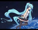  aqua_eyes aqua_hair blush detached_sleeves earth floating floating_hair hatsune_miku hayabusa_(spacecraft) headphones headset highres letterboxed long_hair md5_mismatch necktie satellite sei000 skirt smile solo space space_craft striped striped_legwear thighhighs twintails very_long_hair vocaloid 