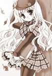  artist_request book character_request hat kilt monochrome skirt smile source_request white_hair 