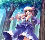  blonde_hair bow chain fang forest gourd hair_bow hand_on_hip holding horns ibuki_suika light_rays long_hair nature open_mouth smile solo sunbeam sunlight takeponi touhou wrist_cuffs yellow_eyes 