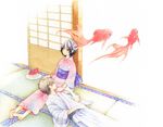  1girl barefoot black_hair feet fish food fruit goldfish japanese_clothes kimono lap_pillow original petting short_hair sleeping smile watermelon yuufuushi 