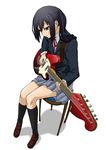  absurdres black_hair blazer brown_eyes guitar highres instrument jacket k-on! kneehighs long_hair nakano_azusa puruu school_uniform sitting skirt socks solo twintails 