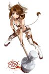  animal_ears animal_print boots breasts brown_eyes brown_hair cleavage copyright_request cow_ears cow_girl cow_print cow_tail hammer horns medium_breasts midriff shimotsuki_eight short_hair shorts smile smirk solo tail thigh_boots thighhighs 