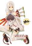  absurdres bad_id bad_pixiv_id bare_shoulders breasts detached_sleeves highres katana large_breasts legs long_hair mk_(masatusaboten) navel original red_eyes sandals shoes silver_hair single_shoe sitting skirt solo sword tabi thighhighs weapon white_legwear yokozuwari 