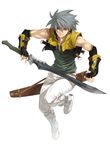  copyright_request fingerless_gloves gloves grey_hair male_focus muscle shimotsuki_eight simple_background solo sword weapon 
