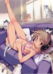  absurdres animal_ears bare_shoulders barefoot breasts brown_eyes brown_hair cat cat_ears cleavage couch covered_nipples downblouse e=mc2_(mosimosi) glasses headphones highres leg_lift legs looking_back lying navel on_back open_mouth original panties short_hair small_breasts solo tank_top too_many too_many_cats underwear white_panties 