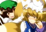  animal_ears blonde_hair blush brown_eyes brown_hair cat_ears cat_tail chen fang fox_tail hat multiple_girls multiple_tails one_eye_closed shouji_nigou tail touhou yakumo_ran yellow_eyes 