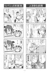  4koma 5girls :d =_= ^_^ bespectacled bow box carrying cirno closed_eyes comic daiyousei doujinshi fang glasses greyscale hair_bow hand_to_own_mouth hat height_difference highres koakuma monochrome morino_hon multiple_4koma multiple_girls open_mouth patchouli_knowledge remilia_scarlet side_ponytail smile sweatdrop touhou translated 