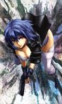  blue_hair boots breasts cleavage fingerless_gloves from_above ghost_in_the_shell ghost_in_the_shell_stand_alone_complex gloves gun handgun iwaya jacket kusanagi_motoko large_breasts pistol red_eyes shin_guards short_hair solo thighhighs weapon 