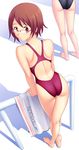  ass barefoot brown_eyes brown_hair competition_swimsuit from_above glasses highres kuri_(kurigohan) legs looking_back multiple_girls one-piece_swimsuit original solo_focus swimsuit towel 