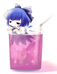  :3 blue_hair bubble chibi cirno cup drink drinking_straw highres in_container in_cup minigirl mundane_utility short_hair smug solo touhou wings yume_shokunin 