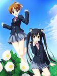  :&lt; :o animal_ears bangs black_hair black_legwear blazer brown_eyes brown_hair camellia cat_ears day flower grass hinata_nao hirasawa_ui jacket k-on! kneehighs knees_together_feet_apart leg_up long_hair long_sleeves looking_at_viewer multiple_girls nakano_azusa neck_ribbon on_ground outdoors paw_pose pinching_sleeves pleated_skirt ponytail ribbon short_ponytail sitting skirt sky sleeves_past_wrists standing standing_on_one_leg thigh_gap twintails very_long_hair yokozuwari 