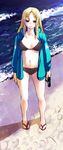  banned_artist beach bikini black_eyes blonde_hair blush breasts large_breasts long_hair nagasawa_shin ocean original sandals solo sunglasses sweat swimsuit 