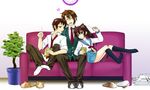  2boys animal_ears blazer brown_eyes brown_hair cat_ears cat_tail dual_persona genderswap genderswap_(mtf) jacket kita_high_school_uniform kneehighs koizumi_itsuki kyon kyonko long_hair multiple_boys ponytail ribbon school_uniform serafuku short_hair socks suimen suzumiya_haruhi_no_yuuutsu tail 