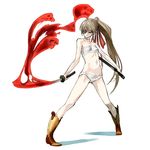  aura boots brown_hair eyepatch fire flat_chest ghost katana long_hair original panties ponytail sarashi shimotsuki_eight solo spirits sword underwear weapon 