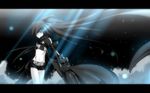  arm_cannon bikini_top black_hair black_rock_shooter black_rock_shooter_(character) blue_eyes burning_eye coat flat_chest highres letterboxed long_hair midriff navel pale_skin scar shorts solo tan_(carbon) twintails very_long_hair weapon 