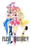  3girls \m/ blonde_hair blue_eyes blush boots cure_berry cure_berry_(cosplay) cure_peach cure_peach_(cosplay) cure_pine cure_pine_(cosplay) dress engrish faris_scherwiz female final_fantasy final_fantasy_v fresh_precure! fresh_pretty_cure! gihachi green_eyes hair_ornament hairband high_heels highres krile_mayer_baldesion lenna_charlotte_tycoon long_hair midriff multiple_girls open_mouth pink_hair ponytail precure pretty_cure purple_hair ranguage shoes siblings sisters thigh-highs thighhighs toutoumi twintails wink 