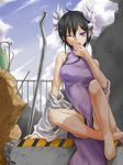  arm_support barefoot black_hair china_dress chinese_clothes day dress ei_li_lei etsusa_oohashi feet fence flower hair_flower hair_ornament one_eye_closed open_mouth purple_eyes short_hair sitting sky solo yasojima_nejiro yawning 