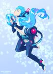  aqua_eyes aqua_hair ashleigh_hetrick barefoot belt elbow_gloves feet fingerless_gloves floating gloves hatsune_miku hatsune_miku_(append) long_hair navel smile solo thighhighs toeless_legwear twintails very_long_hair vocaloid vocaloid_append zettai_ryouiki 