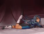  ass bed blue_hair bodysuit boots hair_over_one_eye high_heels highheels inazuma_eleven inazuma_eleven_(series) kazemaru_ichirouta long_hair looking_back lying male male_focus on_stomach trap 