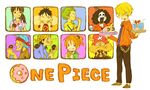  6+boys afro bandana black_hair blonde_hair blue_hair brook column_lineup copyright_name doctorwolke doughnut drink eating everyone food franky green_hair hat jewelry long_nose monkey_d_luffy multiple_boys multiple_girls nami_(one_piece) necklace necktie nico_robin one_piece orange_hair pink_hat roronoa_zoro sanji scar smile tattoo tony_tony_chopper top_hat usopp 