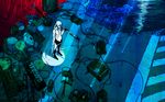  amplifier bare_shoulders blue cable green_hair guitar hatsune_miku highres instrument kawano keyboard_(instrument) long_hair messy microphone microphone_stand mikumix ruins skirt solo spotlight standing telecaster thighhighs twintails very_long_hair vocaloid wallpaper water 