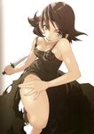  baccano! black_dress black_hair chane_laforet dress enami_katsumi knife official_art scan scan_artifacts smile solo thighs torn_clothes yellow_eyes 
