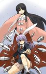  absurdres animal_ears bad_id bad_pixiv_id black_hair blazer blue_eyes bullet bunny_ears danmaku foreshortening highres houraisan_kaguya jacket koyama_shigeru long_hair multiple_girls necktie no_panties purple_hair red_eyes reisen_udongein_inaba ribbon skirt touhou very_long_hair 